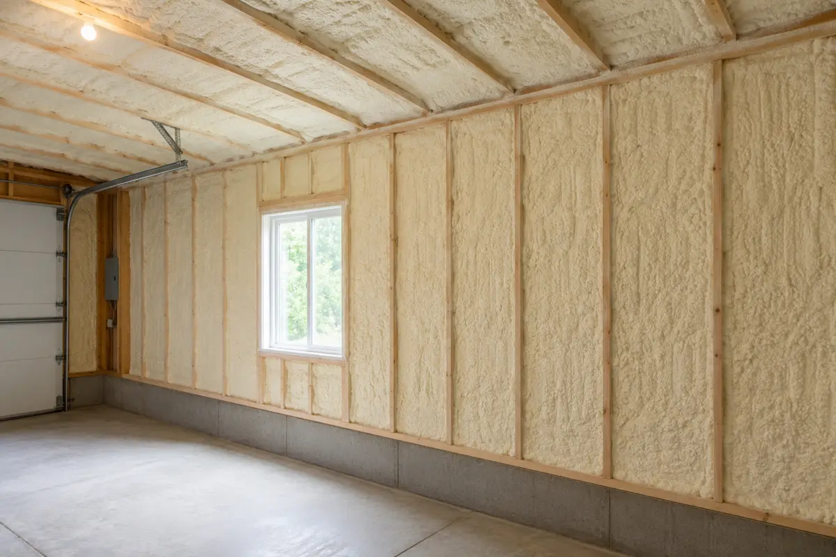 Basement or lower-level walls and ceiling insulated with spray foam