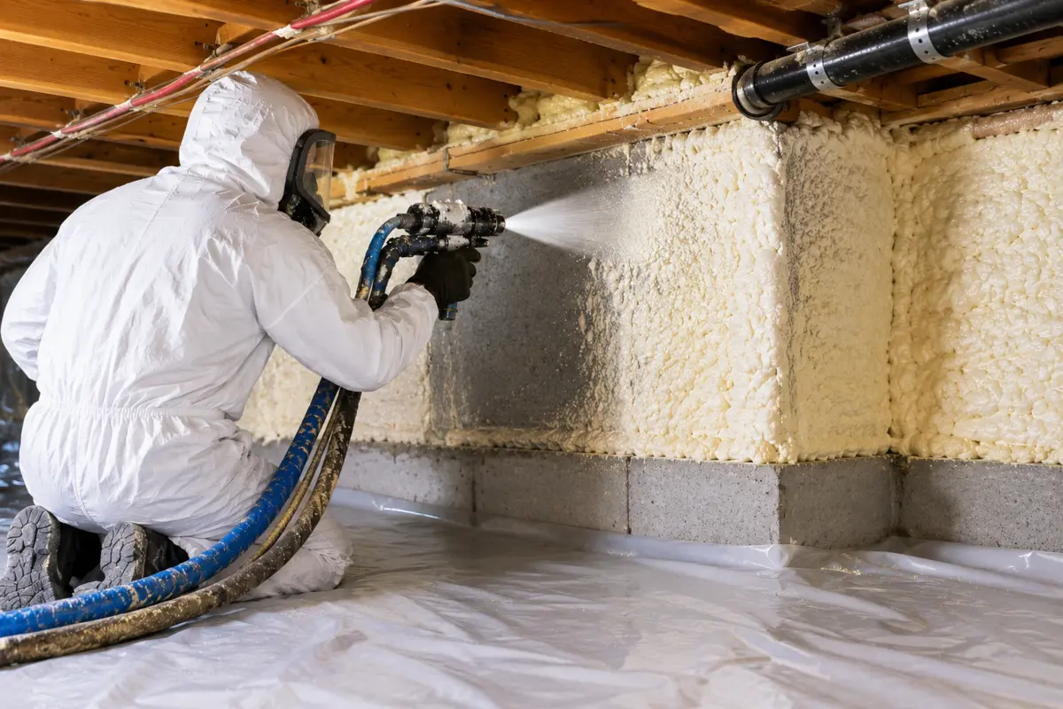 Installer spraying foam around crawlspace block foundation walls