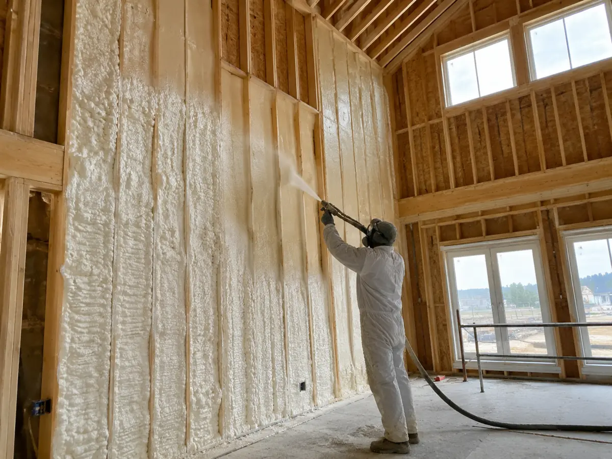 Spray foam being installed in a two-storey great room