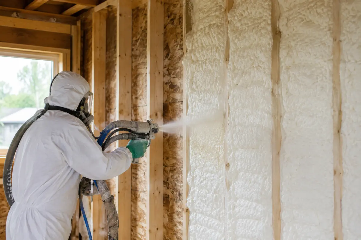 Installer applying spray foam insulation between wall studs